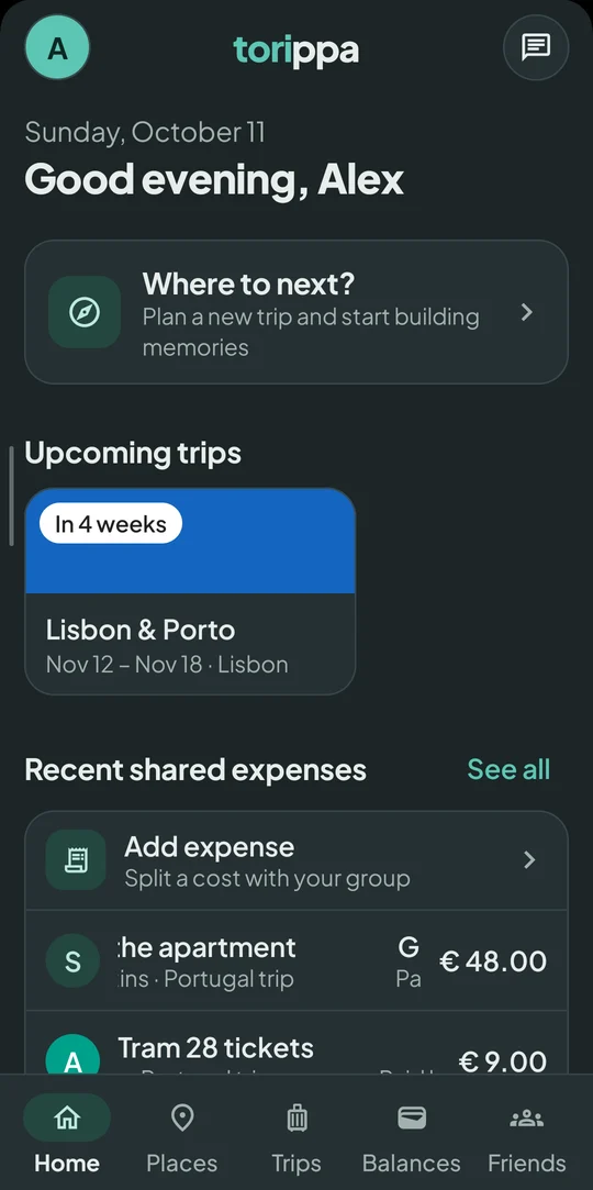Torippa home screen with the next trip and the latest expenses