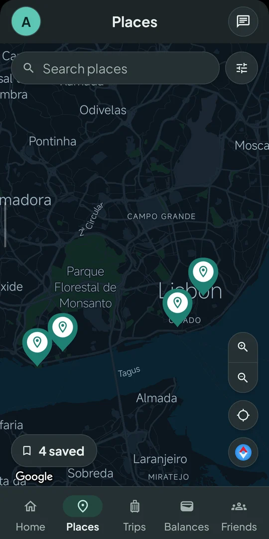 Map of Lisbon with saved places