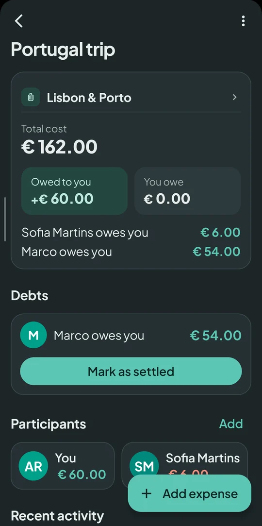 Trip balance with the total cost and who owes whom