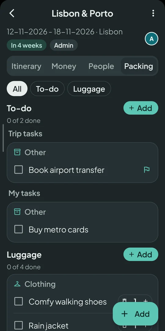 To-do list and packing list of a trip