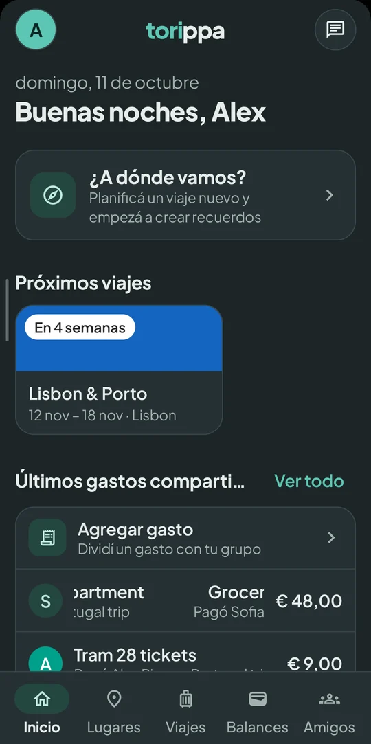 Pantalla de inicio de Torippa con el próximo viaje y los últimos gastos