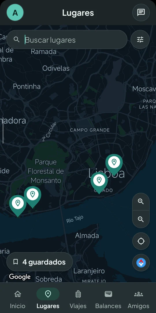 Mapa de Lisboa con lugares guardados