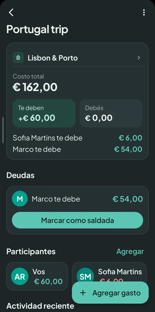 Balance de un viaje con el costo total y quién debe a quién