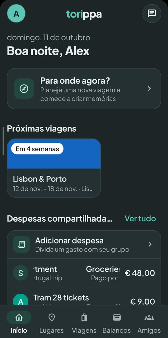 Tela inicial do Torippa com a próxima viagem e as últimas despesas