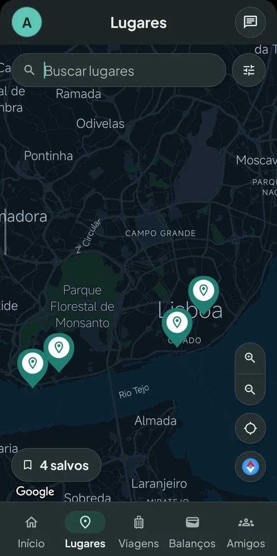 Mapa de Lisboa com lugares salvos