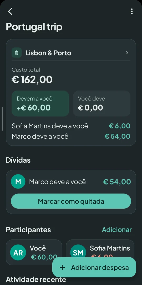 Balanço de uma viagem com o custo total e quem deve a quem