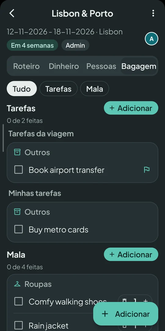 Lista de pendências e mala de uma viagem